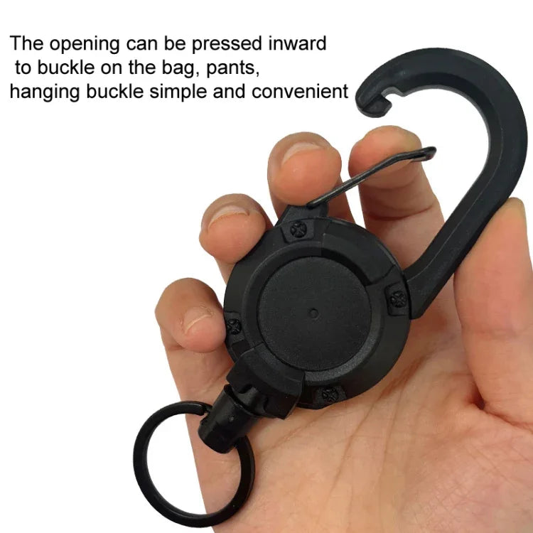 Rucksackkarabiner, Kunststoff, ausziehbarer Ausweisjo-Jo, Schwarz-Stahldrahtseil, Schwarz-Faserseil, Weiß-Faserseil