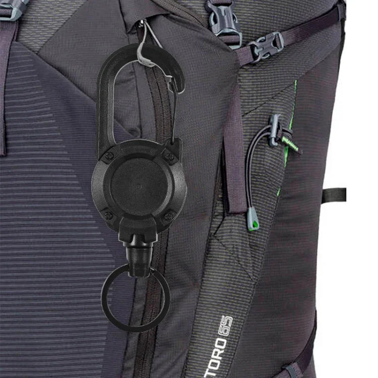 Rucksackkarabiner, Kunststoff, ausziehbarer Ausweisjo-Jo, Schwarz-Stahldrahtseil, Schwarz-Faserseil, Weiß-Faserseil