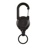 Rucksackkarabiner, Kunststoff, ausziehbarer Ausweisjo-Jo, Schwarz-Stahldrahtseil, Schwarz-Faserseil, Weiß-Faserseil