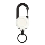 Rucksackkarabiner, Kunststoff, ausziehbarer Ausweisjo-Jo, Schwarz-Stahldrahtseil, Schwarz-Faserseil, Weiß-Faserseil