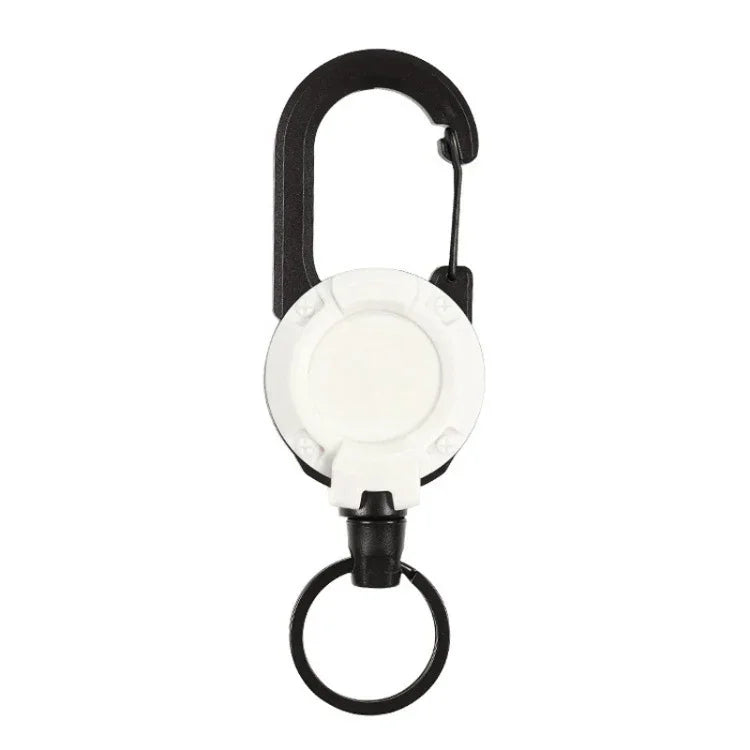 Rucksackkarabiner, Kunststoff, ausziehbarer Ausweisjo-Jo, Schwarz-Stahldrahtseil, Schwarz-Faserseil, Weiß-Faserseil