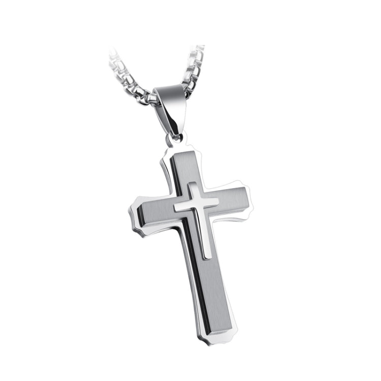 1213 Dreischichtige Kreuz Halskette Titanstahl Herren Halskette, Stahlfarbener Anhänger+3x55cm Perlenkette, Schwarzer Anhänger+3x55cm Perlenkette, Goldener Anhänger+3x55cm Perlenkette