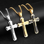 1213 Dreischichtige Kreuz Halskette Titanstahl Herren Halskette, Stahlfarbener Anhänger+3x55cm Perlenkette, Schwarzer Anhänger+3x55cm Perlenkette, Goldener Anhänger+3x55cm Perlenkette