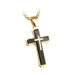 1213 Dreischichtige Kreuz Halskette Titanstahl Herren Halskette, Stahlfarbener Anhänger+3x55cm Perlenkette, Schwarzer Anhänger+3x55cm Perlenkette, Goldener Anhänger+3x55cm Perlenkette