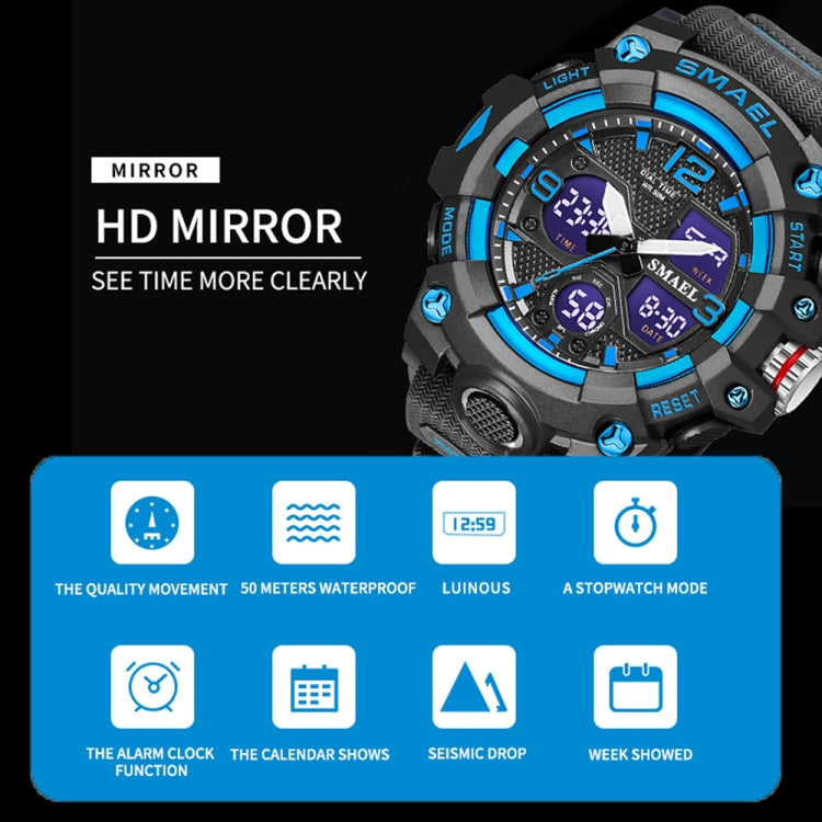 SMAEL 8008 Outdoor Sport Multifunktionale Wasserdichte Leuchtende Herrenuhr, Rot, Schwarz, Orange, Leuchtgrün, Tiefblau, Grasgrün, Schwarz Gold, Roségold, Schwarz Blau