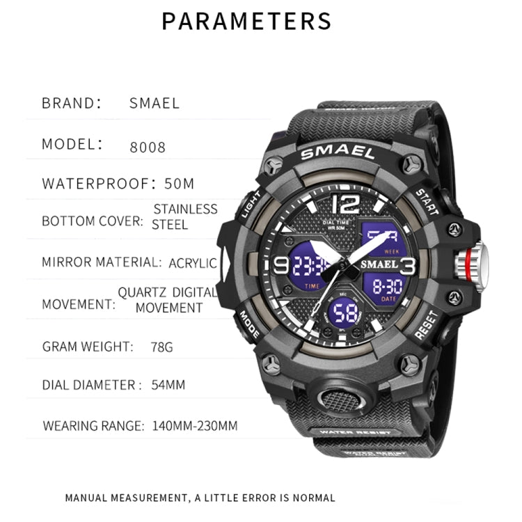 SMAEL 8008 Outdoor Sport Multifunktionale Wasserdichte Leuchtende Herrenuhr, Rot, Schwarz, Orange, Leuchtgrün, Tiefblau, Grasgrün, Schwarz Gold, Roségold, Schwarz Blau