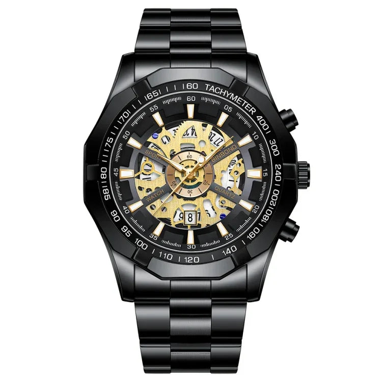 BINBOND S033 Ausgehöhlte Mechanische 30m Wasserdichte Leuchtquarzuhr, Schwarz-Stahl-Schwarz-Gold, Schwarz-Stahl-Schwarz-Roségold, Vollgold-Schwarz-Gold, Blaustahl-Blau