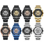 BINBOND S033 Ausgehöhlte Mechanische 30m Wasserdichte Leuchtquarzuhr, Schwarz-Stahl-Schwarz-Gold, Schwarz-Stahl-Schwarz-Roségold, Vollgold-Schwarz-Gold, Blaustahl-Blau