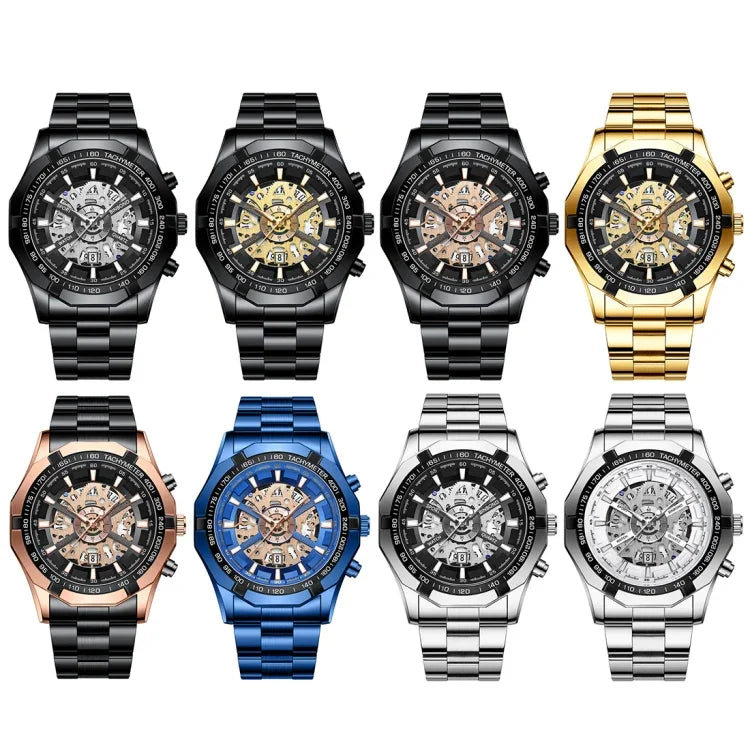 BINBOND S033 Ausgehöhlte Mechanische 30m Wasserdichte Leuchtquarzuhr, Schwarz-Stahl-Schwarz-Gold, Schwarz-Stahl-Schwarz-Roségold, Vollgold-Schwarz-Gold, Blaustahl-Blau