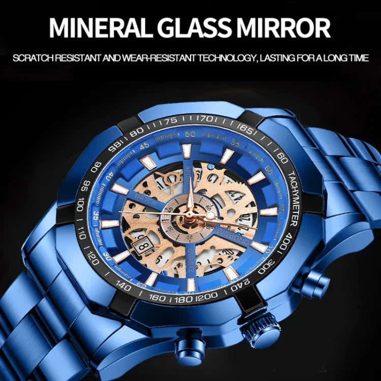 BINBOND S033 Ausgehöhlte Mechanische 30m Wasserdichte Leuchtquarzuhr, Schwarz-Stahl-Schwarz-Gold, Schwarz-Stahl-Schwarz-Roségold, Vollgold-Schwarz-Gold, Blaustahl-Blau