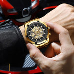 BINBOND S033 Ausgehöhlte Mechanische 30m Wasserdichte Leuchtquarzuhr, Schwarz-Stahl-Schwarz-Gold, Schwarz-Stahl-Schwarz-Roségold, Vollgold-Schwarz-Gold, Blaustahl-Blau