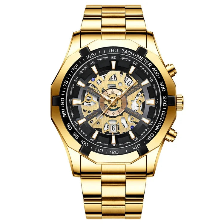 BINBOND S033 Ausgehöhlte Mechanische 30m Wasserdichte Leuchtquarzuhr, Schwarz-Stahl-Schwarz-Gold, Schwarz-Stahl-Schwarz-Roségold, Vollgold-Schwarz-Gold, Blaustahl-Blau