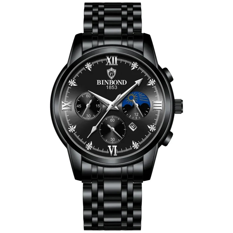 BINBOND B3591 30m wasserdichte leuchtende Kalender-Herrenuhr, schwarzer Stahl-Schwarz, schwarzes Leder-Weiß-Schwarz, braunes Leder-Weiß-Weiß
