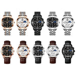 BINBOND B3591 30m wasserdichte leuchtende Kalender-Herrenuhr, schwarzer Stahl-Schwarz, schwarzes Leder-Weiß-Schwarz, braunes Leder-Weiß-Weiß