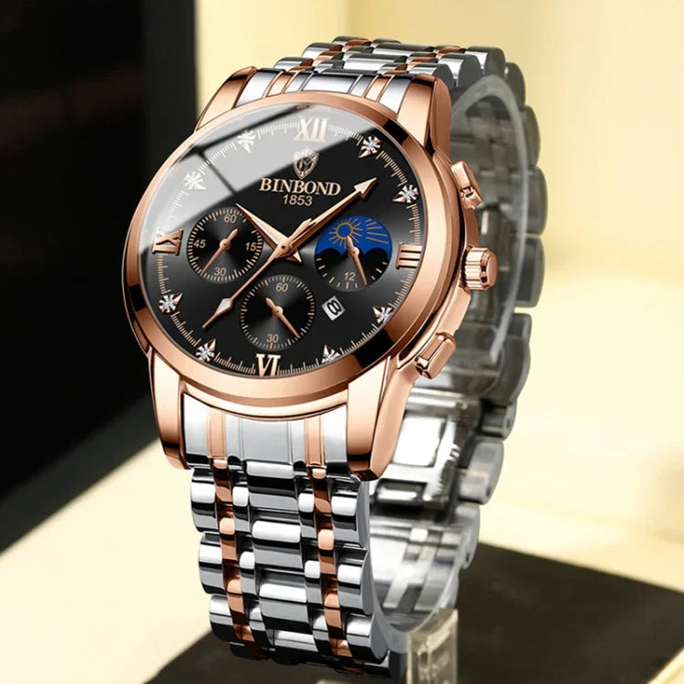 BINBOND B3591 30m wasserdichte leuchtende Kalender-Herrenuhr, schwarzer Stahl-Schwarz, schwarzes Leder-Weiß-Schwarz, braunes Leder-Weiß-Weiß