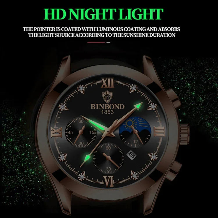 BINBOND B3591 30m wasserdichte leuchtende Kalender-Herrenuhr, schwarzer Stahl-Schwarz, schwarzes Leder-Weiß-Schwarz, braunes Leder-Weiß-Weiß