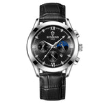 BINBOND B3591 30m wasserdichte leuchtende Kalender-Herrenuhr, schwarzer Stahl-Schwarz, schwarzes Leder-Weiß-Schwarz, braunes Leder-Weiß-Weiß