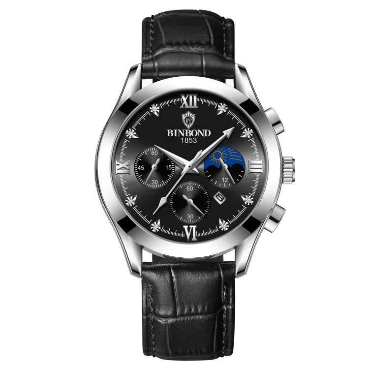BINBOND B3591 30m wasserdichte leuchtende Kalender-Herrenuhr, schwarzer Stahl-Schwarz, schwarzes Leder-Weiß-Schwarz, braunes Leder-Weiß-Weiß
