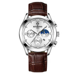 BINBOND B3591 30m wasserdichte leuchtende Kalender-Herrenuhr, schwarzer Stahl-Schwarz, schwarzes Leder-Weiß-Schwarz, braunes Leder-Weiß-Weiß