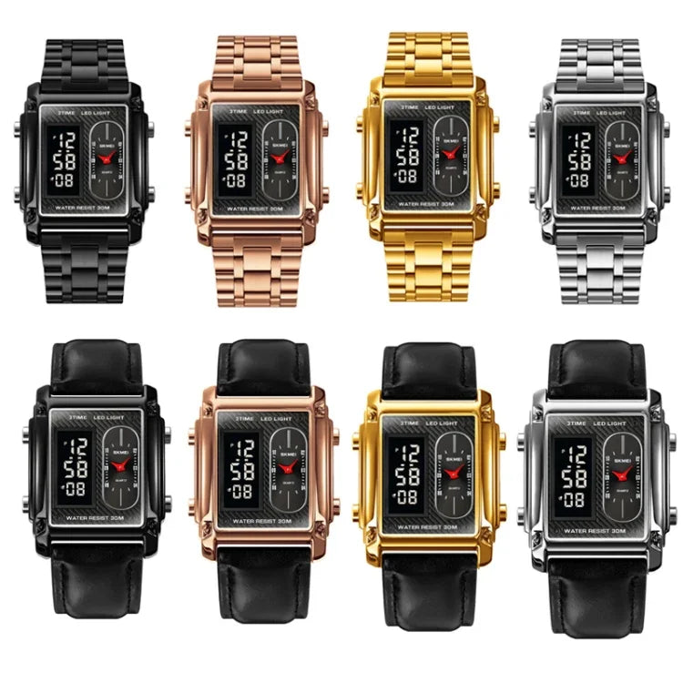 SKMEI 1868 Wasserdichte Herrenuhr mit quadratischer Doppelanzeige, Stil: Stahlband (Schwarz), Lederband (Schwarz), Stahlband (Roségold), Lederband (Roségold), Stahlband (Gold), Lederband (Gold), Stahlband (Silber), Lederband (Silber)