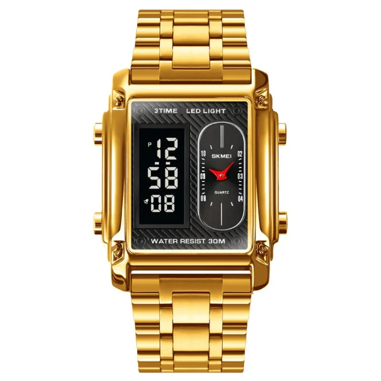 SKMEI 1868 Wasserdichte Herrenuhr mit quadratischer Doppelanzeige, Stil: Stahlband (Schwarz), Lederband (Schwarz), Stahlband (Roségold), Lederband (Roségold), Stahlband (Gold), Lederband (Gold), Stahlband (Silber), Lederband (Silber)