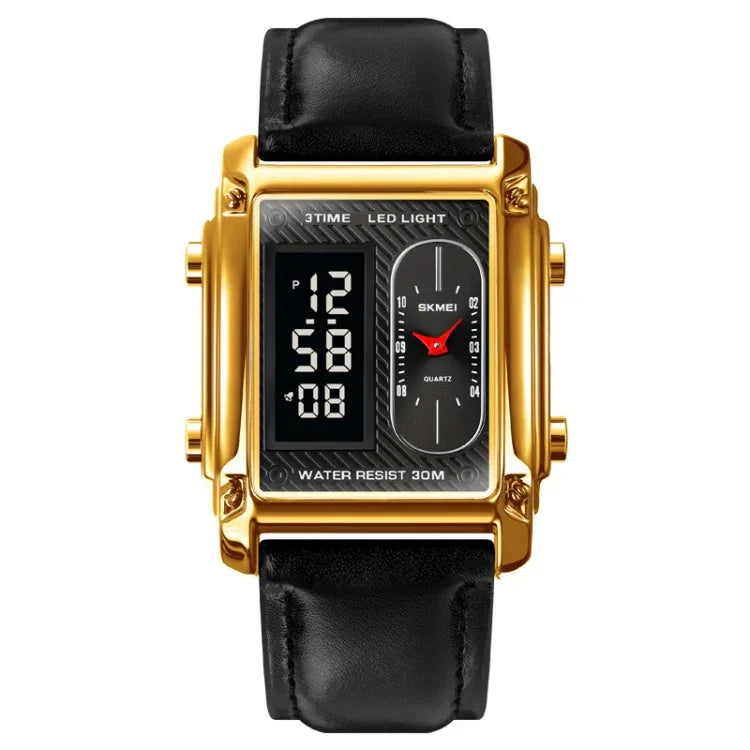 SKMEI 1868 Wasserdichte Herrenuhr mit quadratischer Doppelanzeige, Stil: Stahlband (Schwarz), Lederband (Schwarz), Stahlband (Roségold), Lederband (Roségold), Stahlband (Gold), Lederband (Gold), Stahlband (Silber), Lederband (Silber)