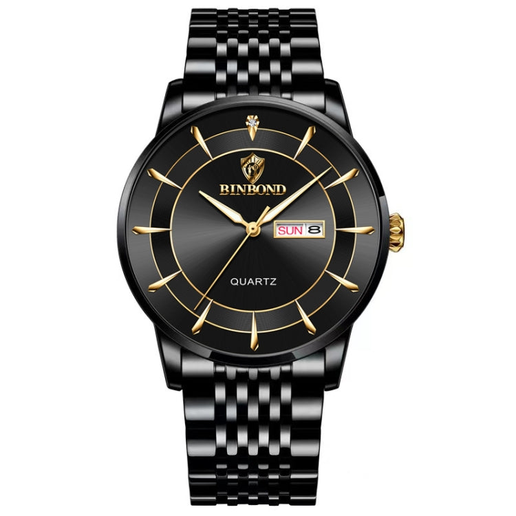 BINBOND B2077 30M Wasserdichte Quarz Leuchtende Uhr Schmetterlingsschließe Herren Stahlband Uhr