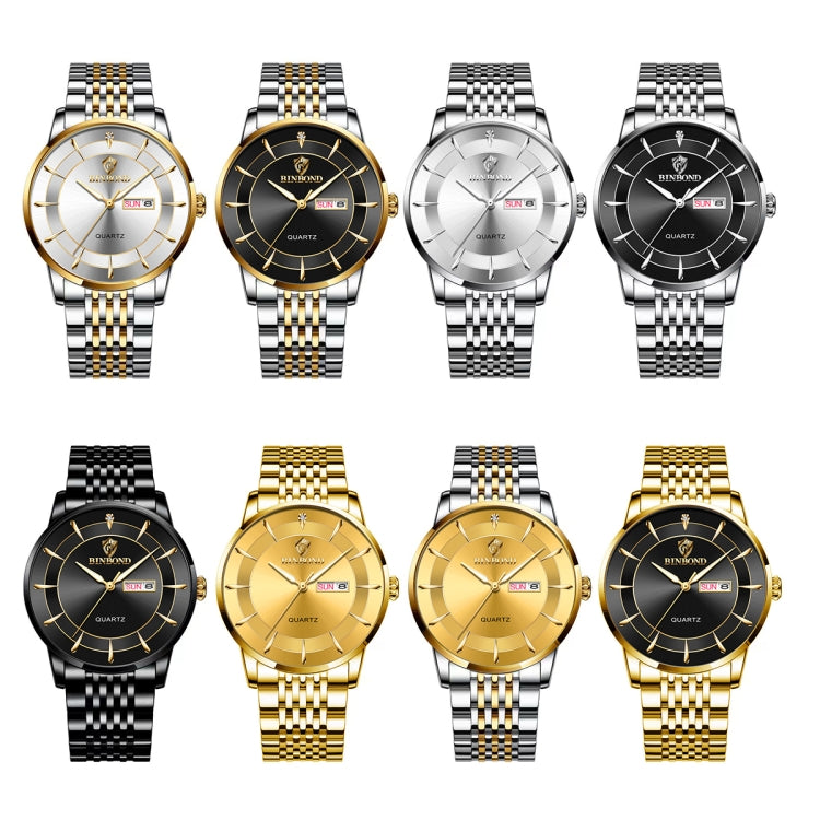 BINBOND B2077 30M Wasserdichte Quarz Leuchtende Uhr Schmetterlingsschließe Herren Stahlband Uhr