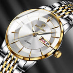 BINBOND B2077 30M Wasserdichte Quarz Leuchtende Uhr Schmetterlingsschließe Herren Stahlband Uhr