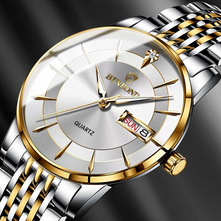 BINBOND B2077 30M Wasserdichte Quarz Leuchtende Uhr Schmetterlingsschließe Herren Stahlband Uhr