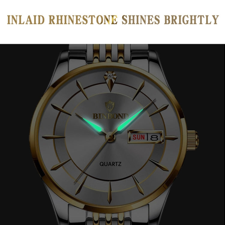 BINBOND B2077 30M Wasserdichte Quarz Leuchtende Uhr Schmetterlingsschließe Herren Stahlband Uhr