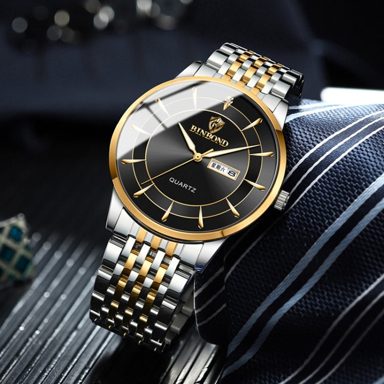 BINBOND B2077 30M Wasserdichte Quarz Leuchtende Uhr Schmetterlingsschließe Herren Stahlband Uhr