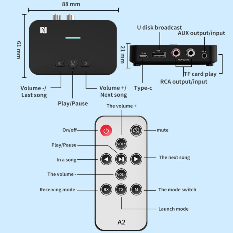 A2 NFC 5.1 Bluetooth U-Disk/TF-Karte/AUX/RCA Empfänger Sender, A2
