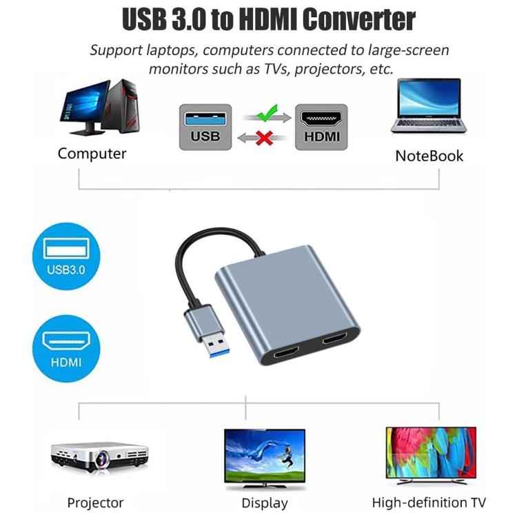 USB 3.0 zu Dual HDMI, USB, USB-C / Typ-C Hochauflösender Konverter 4K USB Bildschirmverlängerer, USB 3.0 zu Dual HDMI