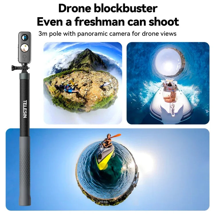 TELESIN 3M Carbonfaser-Selfie-Stick-Monopod mit 1/4-Zoll-Schraube für Action-Kameras, 3 m