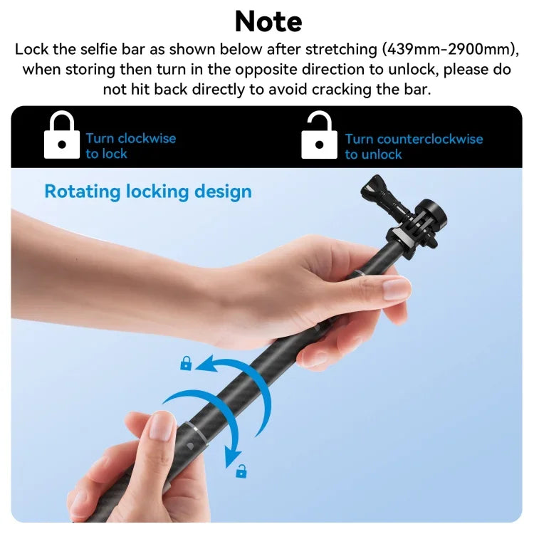 TELESIN 3M Carbonfaser-Selfie-Stick-Monopod mit 1/4-Zoll-Schraube für Action-Kameras, 3 m