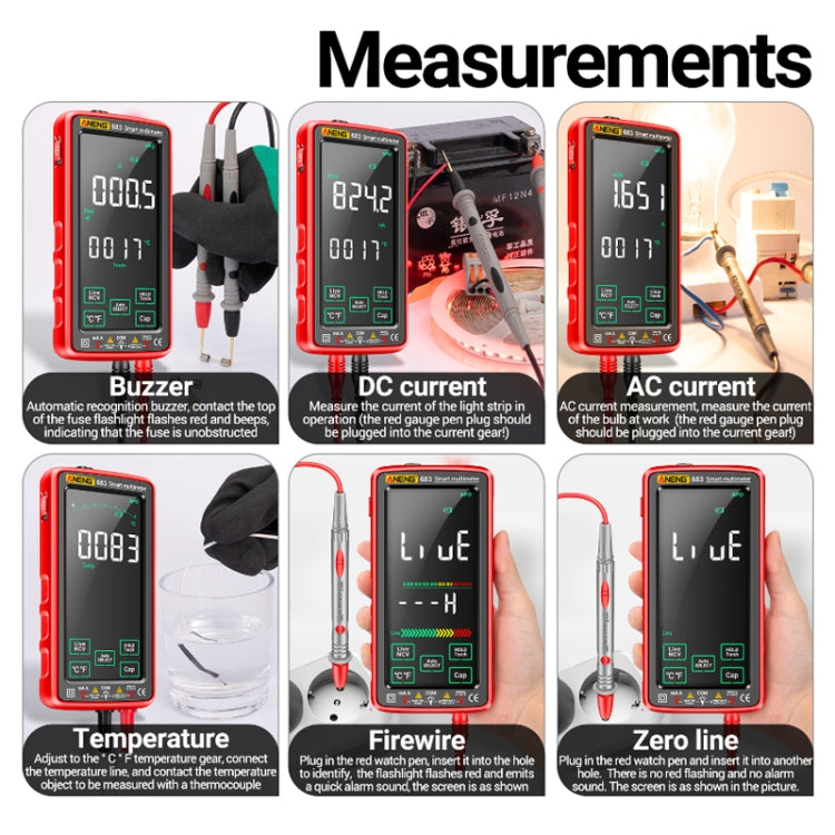 ANENG 683 Smart-Touchscreen Automatischer Messbereich Wiederaufladbares Multimeter, 683 Rot, 683 Schwarz