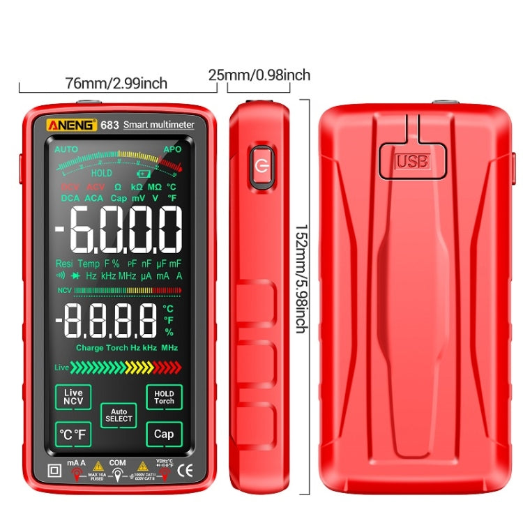ANENG 683 Smart-Touchscreen Automatischer Messbereich Wiederaufladbares Multimeter, 683 Rot, 683 Schwarz
