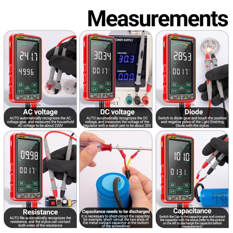 ANENG 683 Smart-Touchscreen Automatischer Messbereich Wiederaufladbares Multimeter, 683 Rot, 683 Schwarz
