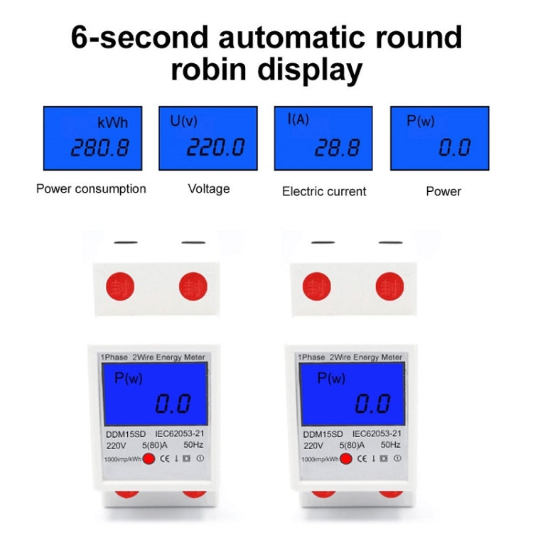DDM15SD Einphasen-Multifunktions-Schienenstromzähler mit Hintergrundbeleuchtung LCD-Anzeige, 5 (20) A, 5 (32) A, 10 (40) A, 15 (60) A, 20 (80) A, 5 (80) A