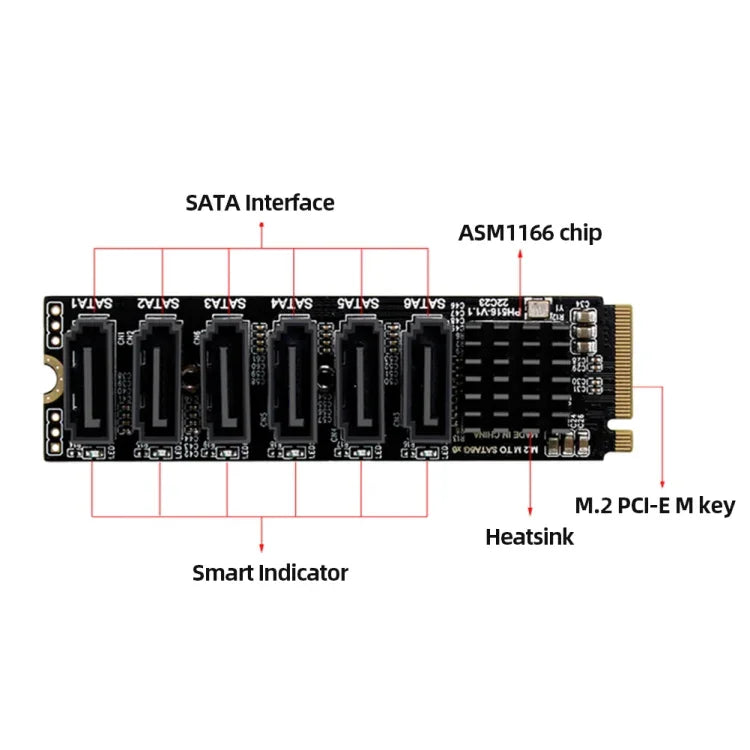 M.2 M-EKY PCIE 3.0 zu SATA 6G Übertragungs-Erweiterungskarte, 6-Port-Festplatten-Erweiterungskarte, 6-Port