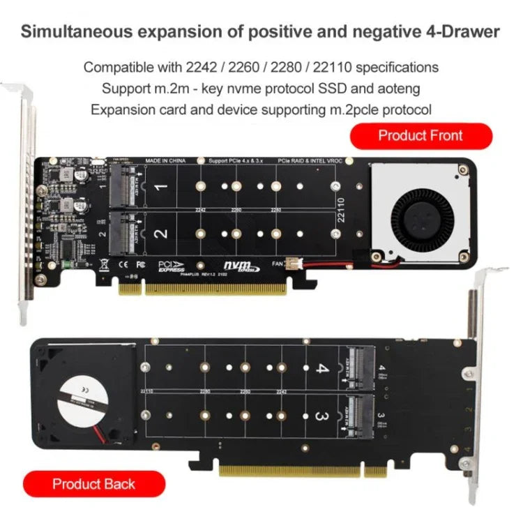 PCI-E x16 zu M.2 M-Key NVMe x4 SSD RAID-Array-Erweiterungsadapter, unterstützt 2242/2260/2280/22110, PH44Plus