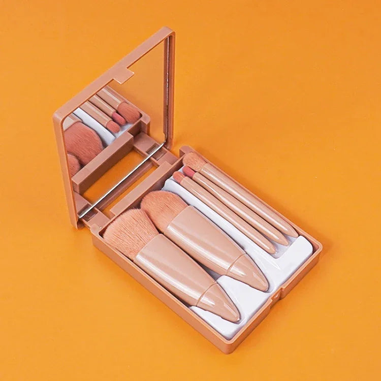 5-teiliges Set mittelgroßer, tragbarer Make-up-Pinsel mit Spiegel, multifunktionale Mini-Make-up-Pinsel, Braun, Rosarot, Pink, Neongrün