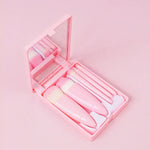 5-teiliges Set mittelgroßer, tragbarer Make-up-Pinsel mit Spiegel, multifunktionale Mini-Make-up-Pinsel, Braun, Rosarot, Pink, Neongrün