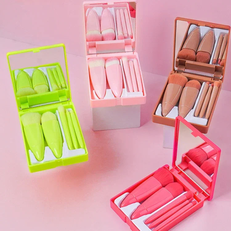 5-teiliges Set mittelgroßer, tragbarer Make-up-Pinsel mit Spiegel, multifunktionale Mini-Make-up-Pinsel, Braun, Rosarot, Pink, Neongrün