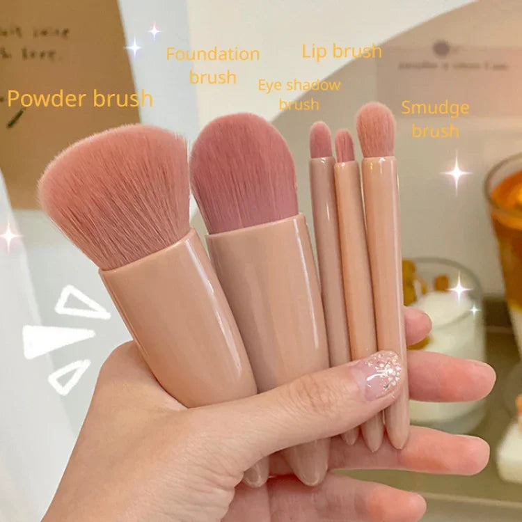 5-teiliges Set mittelgroßer, tragbarer Make-up-Pinsel mit Spiegel, multifunktionale Mini-Make-up-Pinsel, Braun, Rosarot, Pink, Neongrün
