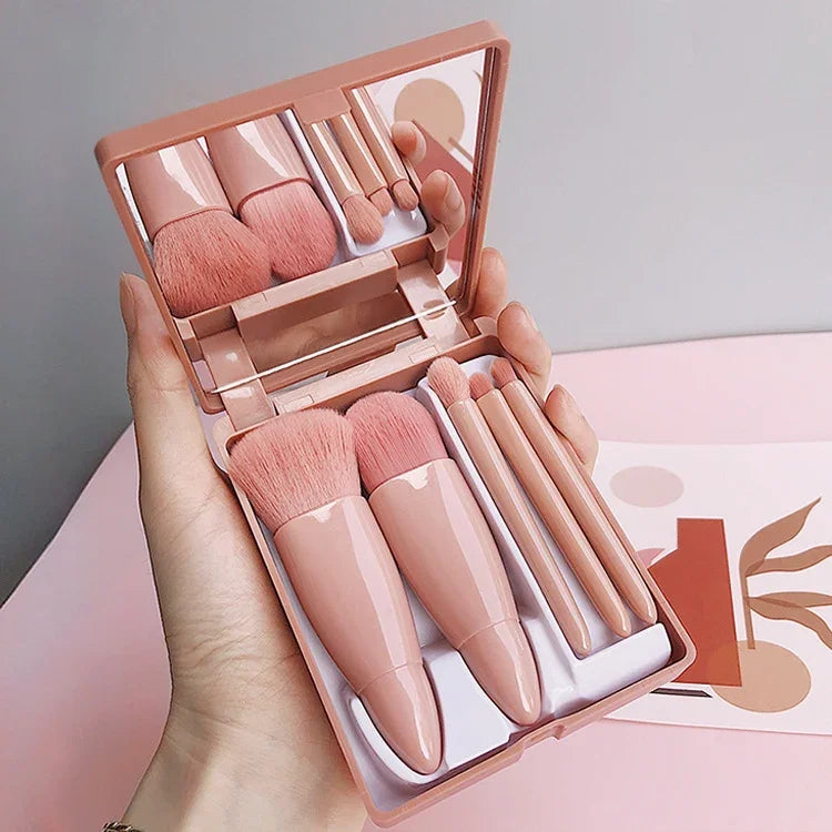 5-teiliges Set mittelgroßer, tragbarer Make-up-Pinsel mit Spiegel, multifunktionale Mini-Make-up-Pinsel, Braun, Rosarot, Pink, Neongrün