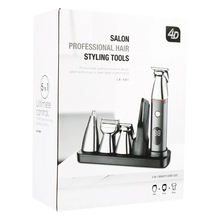 5 In 1 Haircut Digital Display Water Washing Shaver Nose Hair Electric Push Shear Set, LK-881 5 In 1 (Silver)