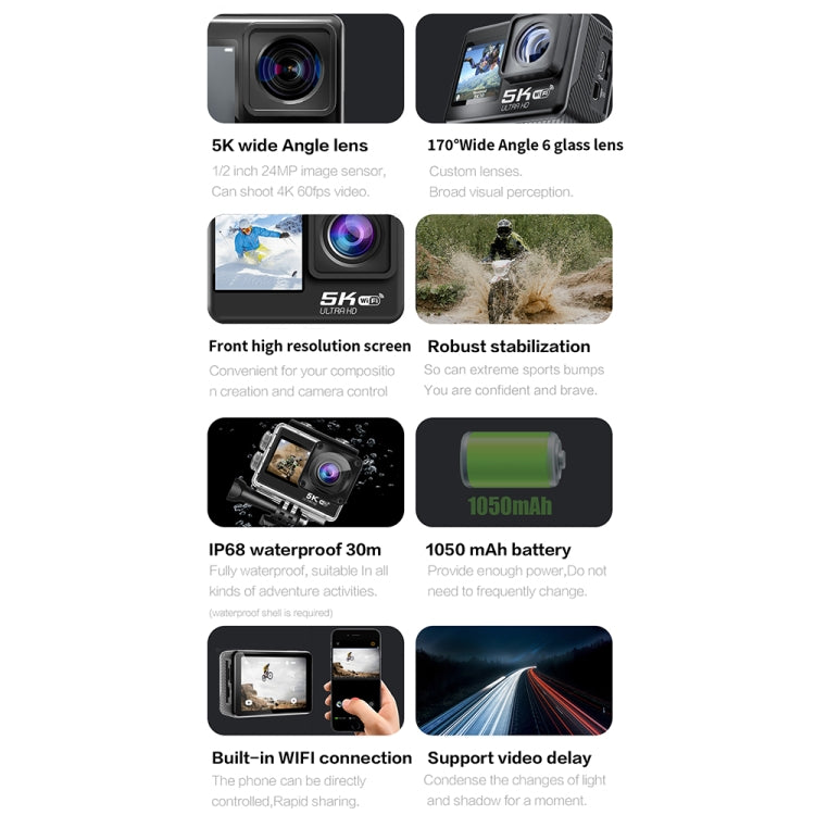 5K/30FPS WIFI HD Anti-Schütteln Fernbedienung Touch Dual-Bildschirm IP68 Wasserdichte Sportkamera, 5K, 5K Kamera + 64G Karte, 5K Kamera+128G Karte