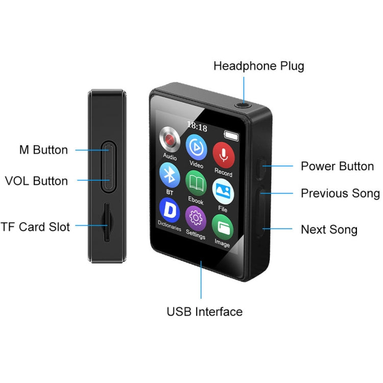 MP3 Musikplayer Bluetooth 5.0 E-Book Rekorder MP4 Walkman, Ohne Speicherkarte, 8GB, 16GB, 32GB, 64GB, 128GB